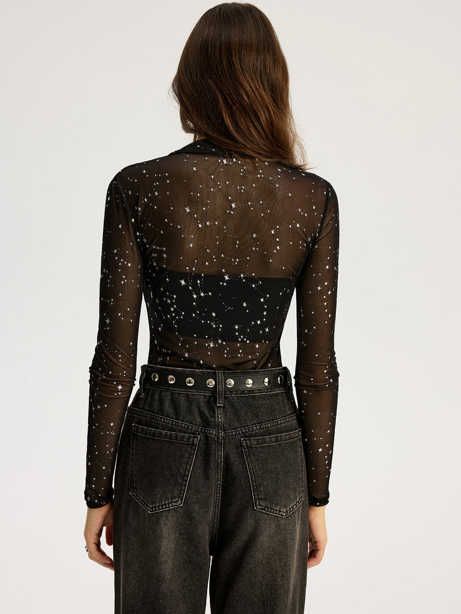 Parıltılı Yıldız Şeffaf File Uzun Kollu Bodysuit