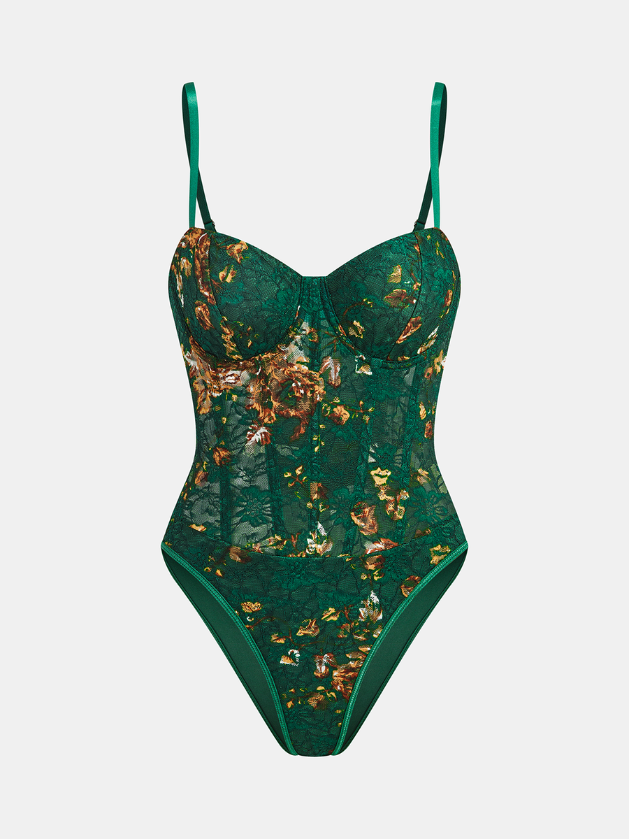 Çiçek Desenli Nakışlı Büstiyer Korse Bodysuit
