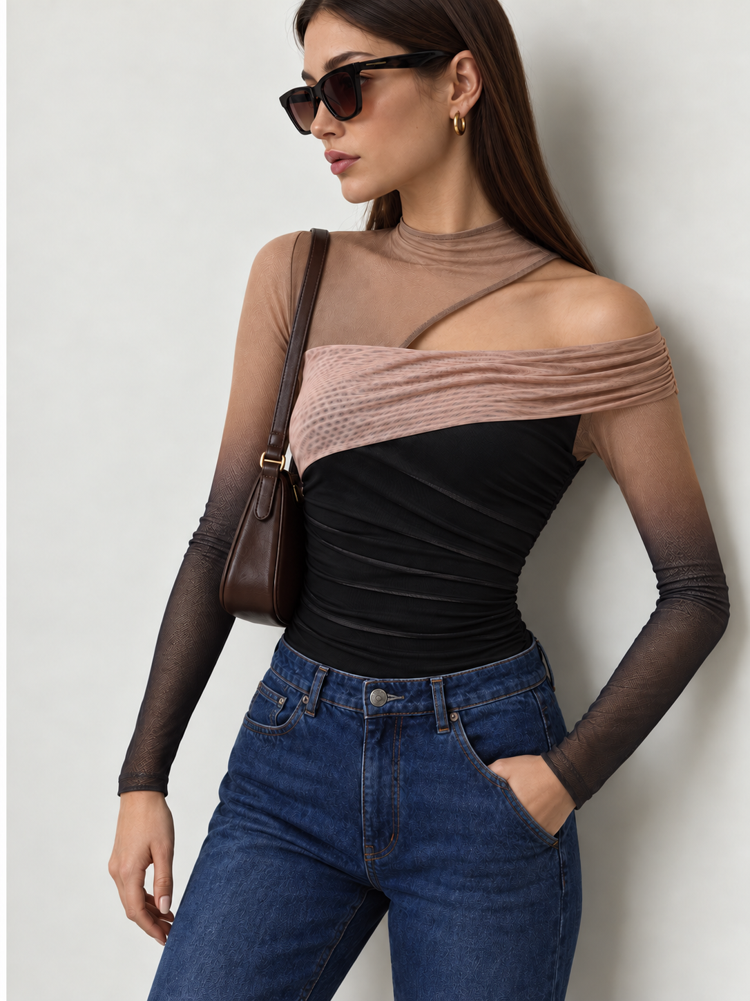 Degrade Tül Dekolteli Body