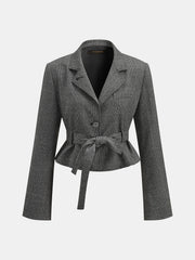 Ekose Desenli Kemerli Kısa Blazer Ceket
