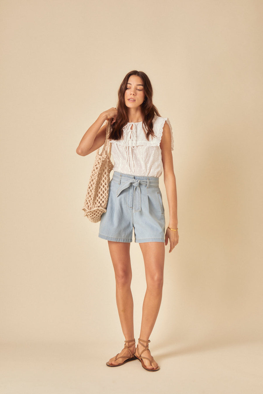 Açık Denim Önden Bağlamalı Şort