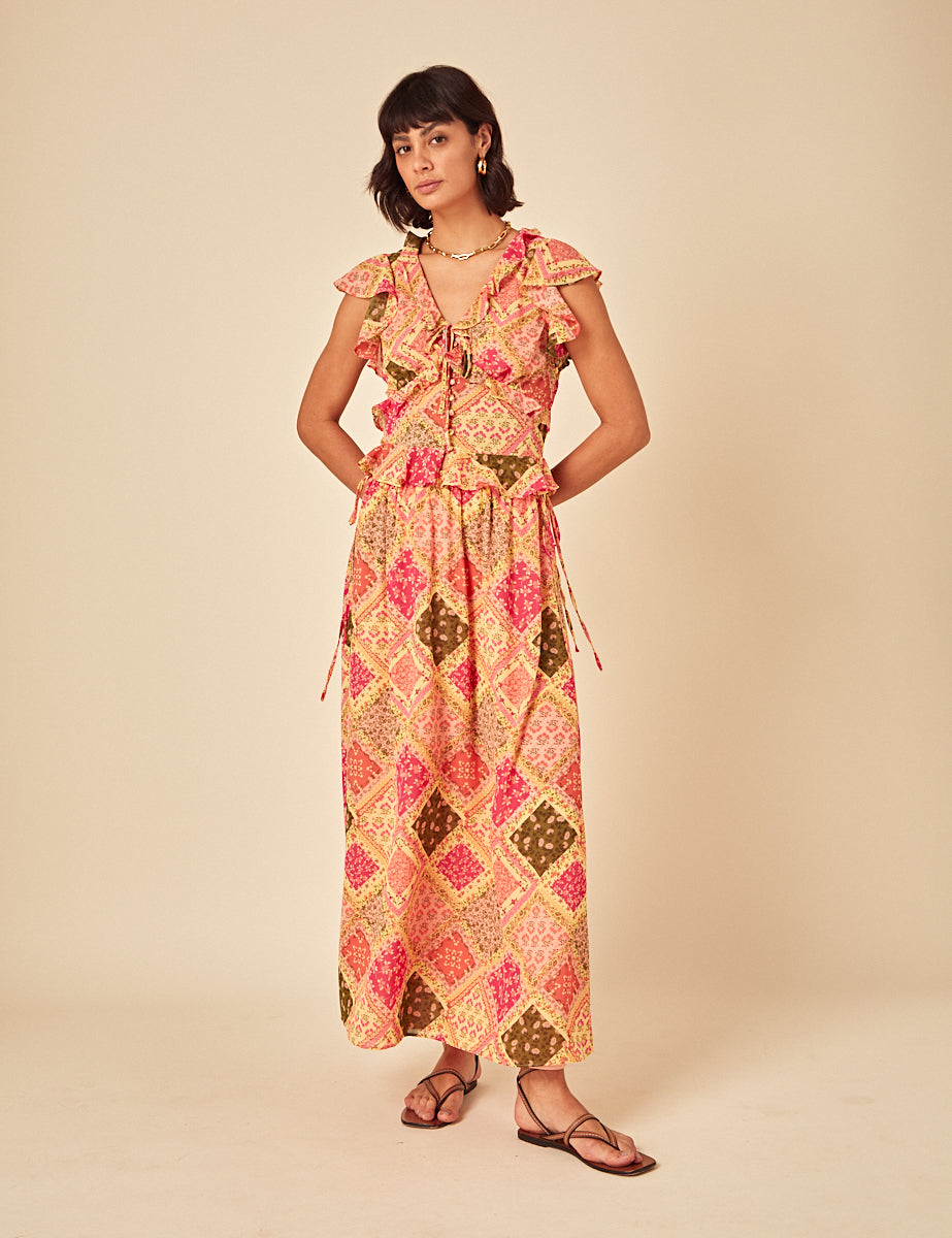 Sarı Patchwork Desenli Fırfırlı Bluz