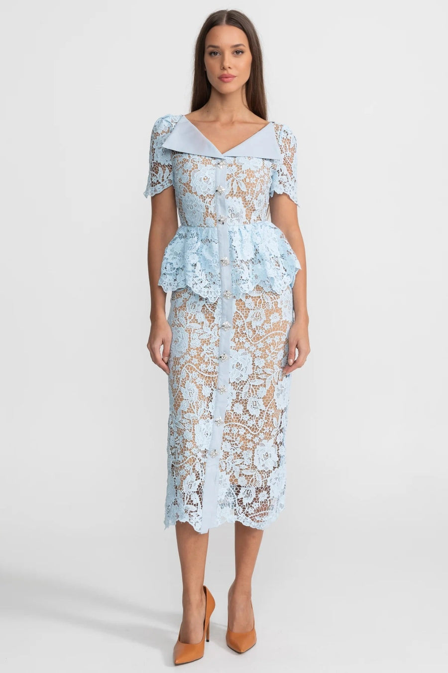 Peplum Bel ve Saten Yaka Detaylı Dantel Midi Elbise - Bebe Mavisi