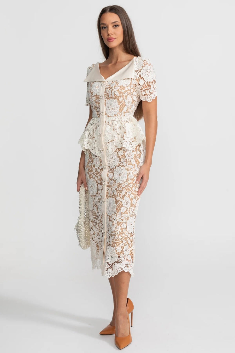 Peplum Bel ve Saten Yaka Detaylı Dantel Midi Elbise - Fildişi