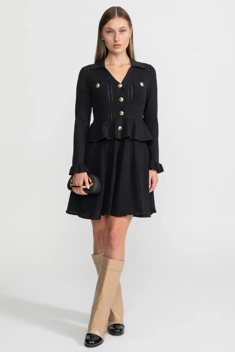 Peplum Bel ve Altın Düğme Detay Triko Mini Elbise - Siyah
