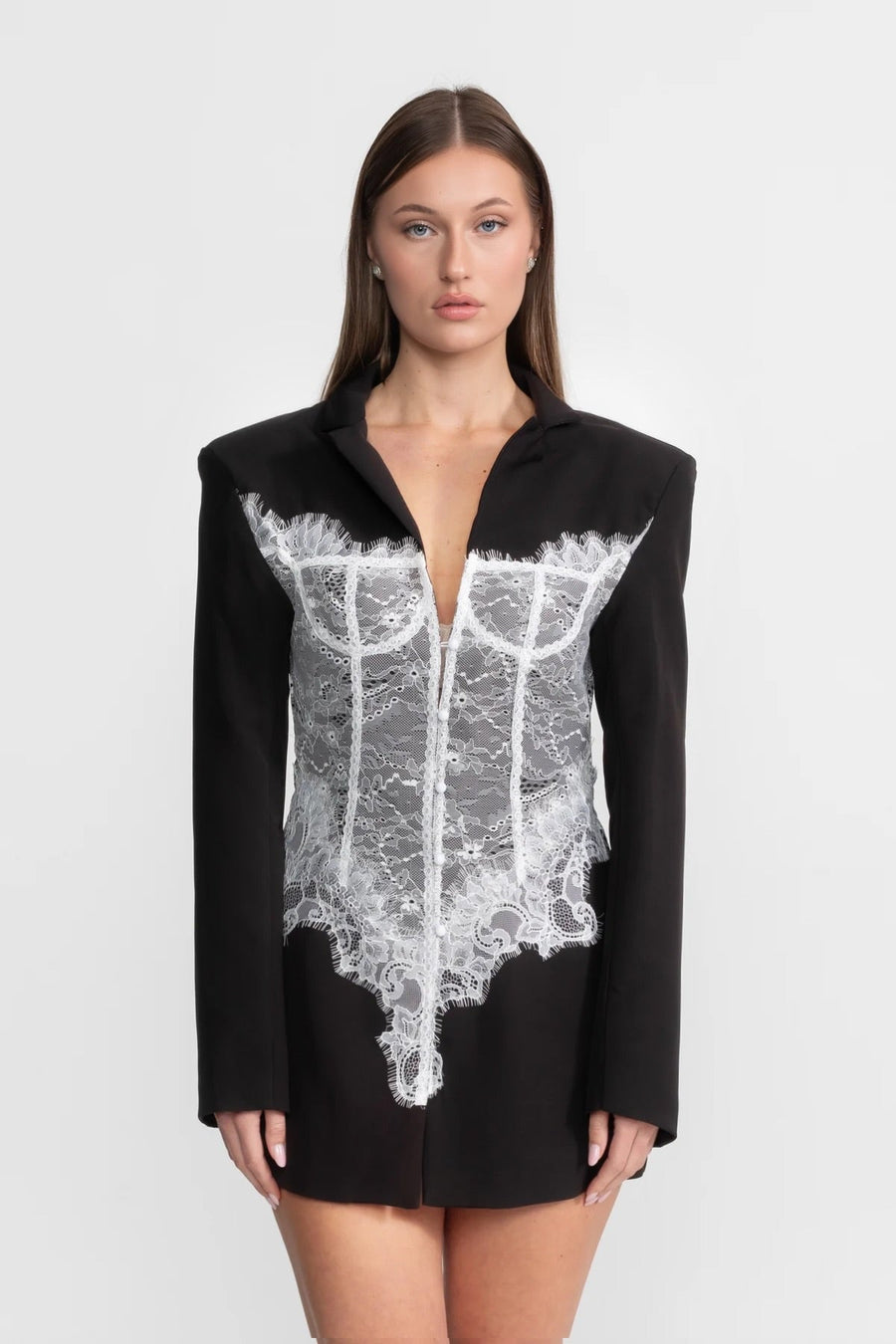 Derin V Yaka Detaylı Dantel Korse Blazer Elbise - Siyah