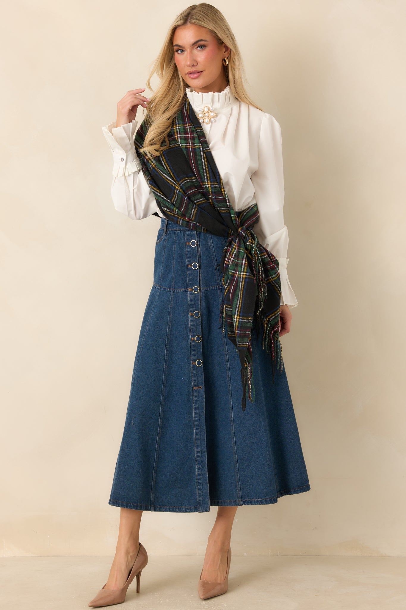 Koyu Mavi Önden Düğmeli Denim Midi Etek