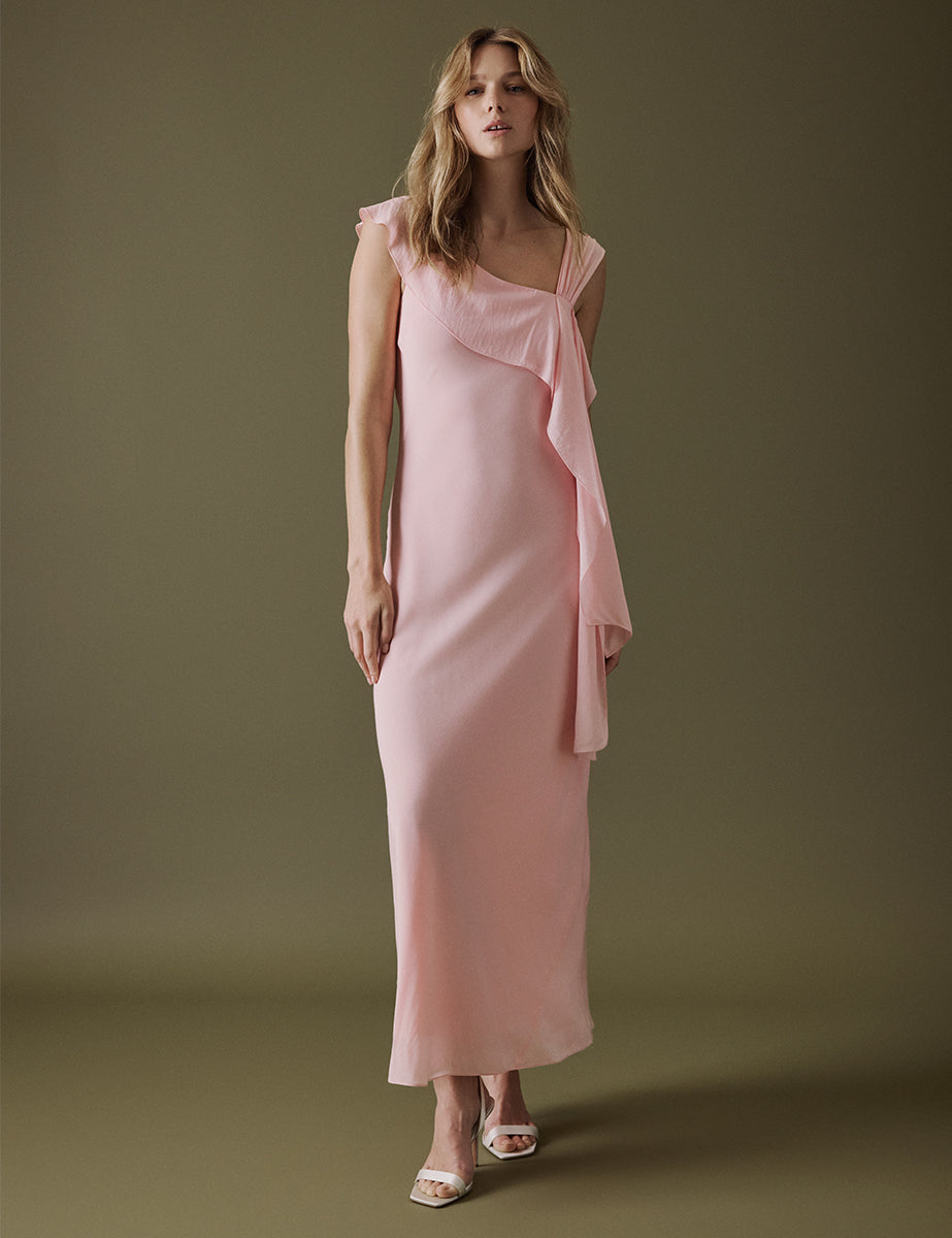 Yumuşak Pembe Asimetrik Neckline Midi Boy Gardenia Elbise