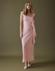 Yumuşak Pembe Asimetrik Neckline Midi Boy Gardenia Elbise