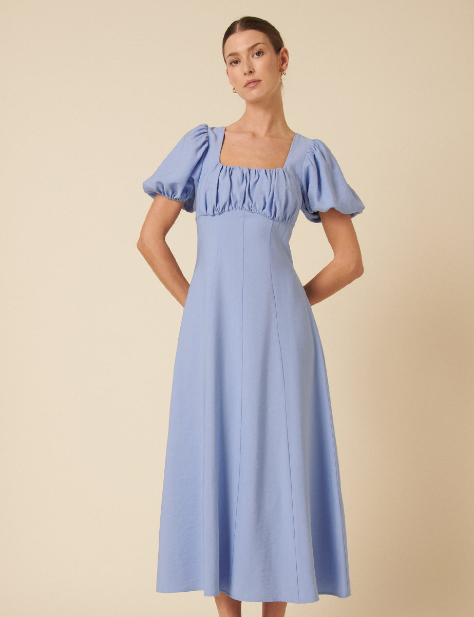 Pastel Mavi Büzgülü Lola Midi Boy Elbise
