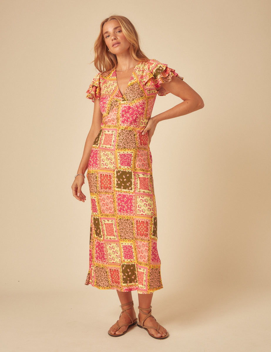 Sarı Patchwork Desenli Layla Midi Boy Elbise