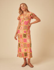 Sarı Patchwork Desenli Layla Midi Boy Elbise