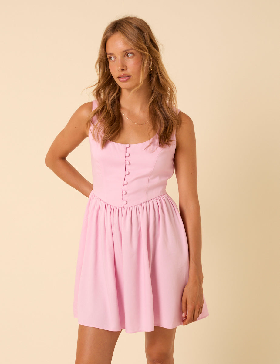 Pembe Düşük Bel Cora Mini Boy Elbise