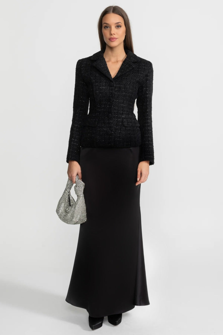 Tüvit Blazer Ceket ve Saten Maxi Etek Takım - Siyah