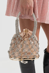 Bej Saten Büzgü İpi Pouch Detaylı Oval Netted El Çantası - Gümüş
