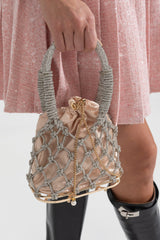 Bej Saten Büzgü İpi Pouch Detaylı Oval Netted El Çantası - Gümüş