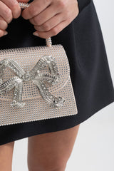 Dekoratif Metalik Fiyonk Detaylı Işıltılı Taşlı Clutch Çanta - Şampanya