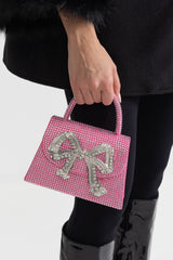 Dekoratif Metalik Fiyonk Detaylı Işıltılı Taşlı Clutch Çanta - Pembe