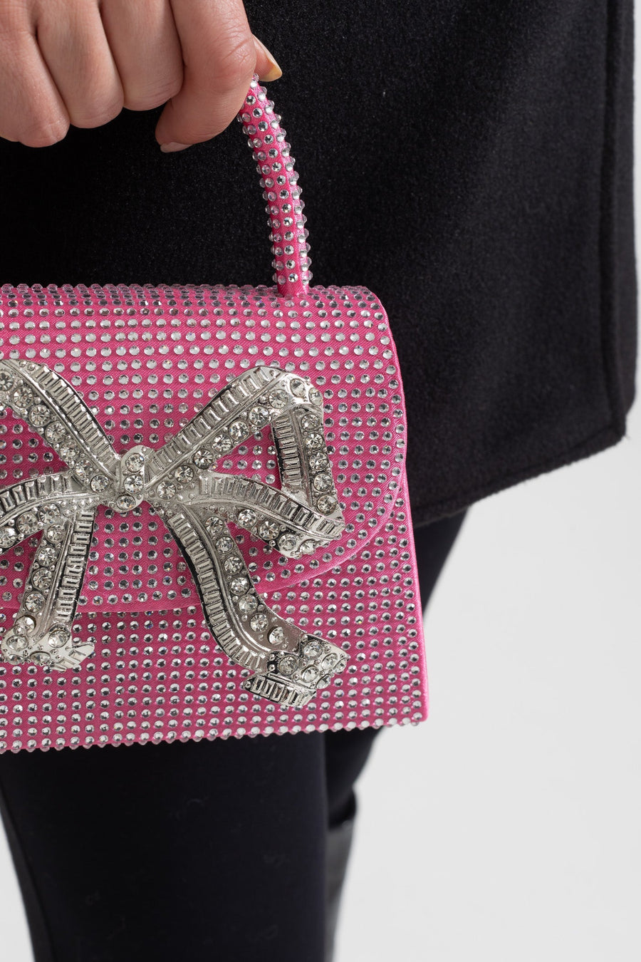 Dekoratif Metalik Fiyonk Detaylı Işıltılı Taşlı Clutch Çanta - Pembe