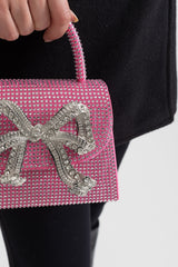 Dekoratif Metalik Fiyonk Detaylı Işıltılı Taşlı Clutch Çanta - Pembe
