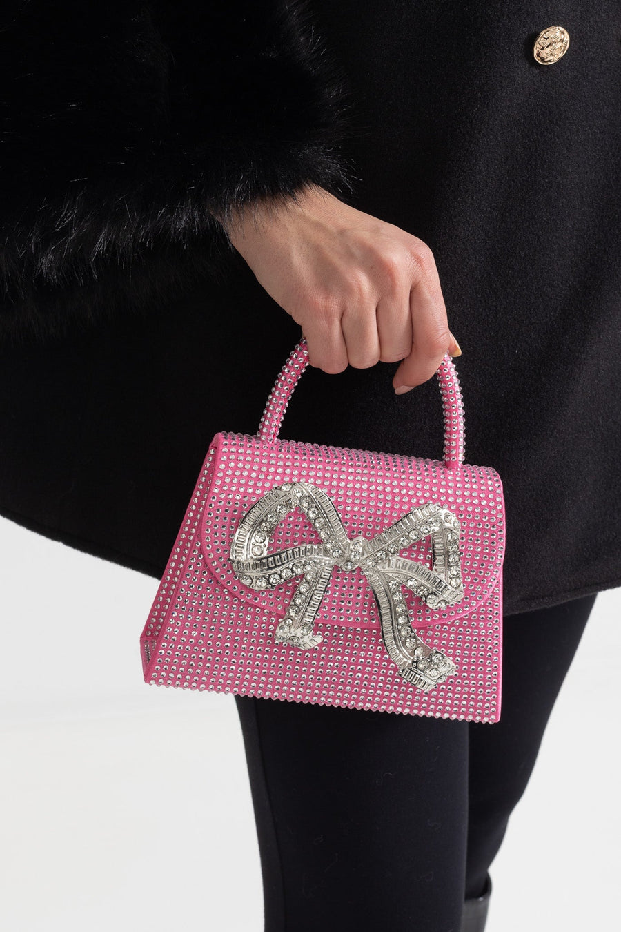 Dekoratif Metalik Fiyonk Detaylı Işıltılı Taşlı Clutch Çanta - Pembe