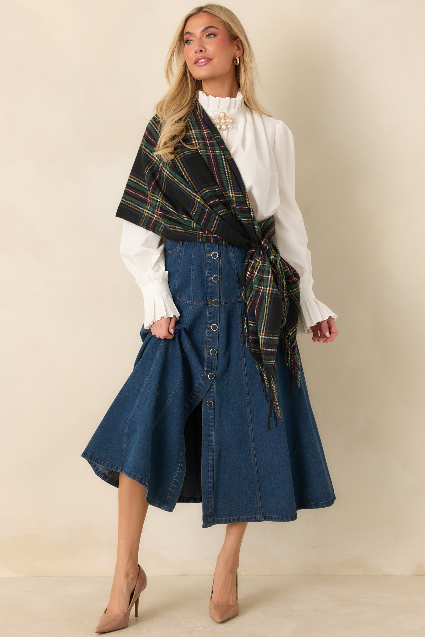 Koyu Mavi Önden Düğmeli Denim Midi Etek