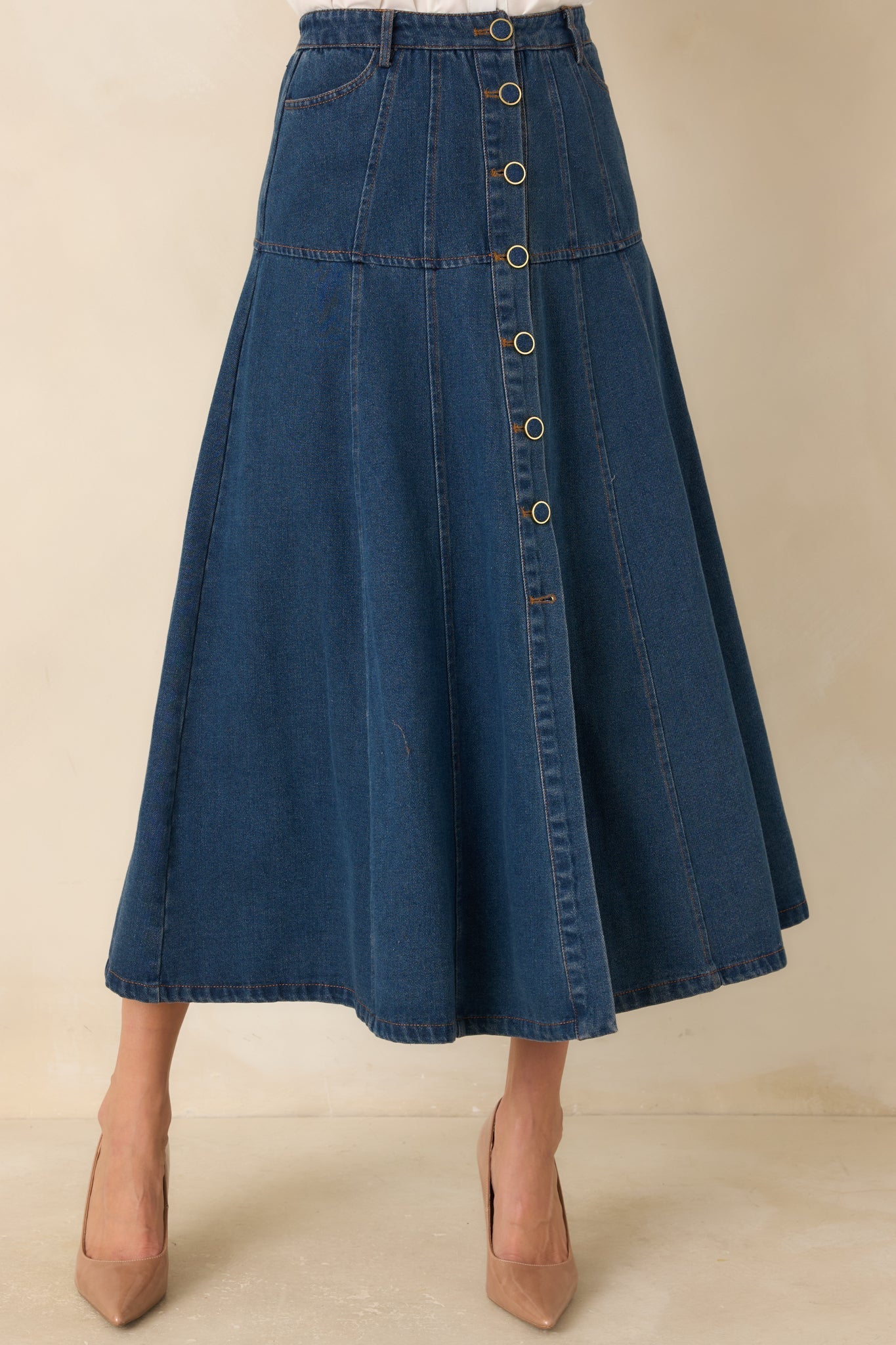 Koyu Mavi Önden Düğmeli Denim Midi Etek