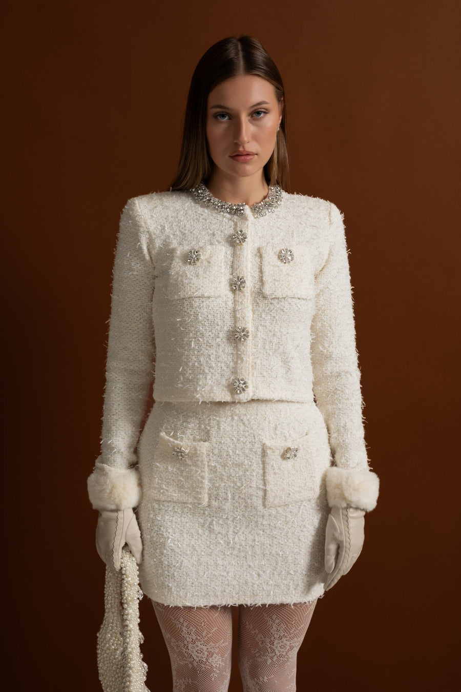 Kristal Süslemeler ve Düğmeler Detaylı Tüvit Blazer Ceket - Beyaz