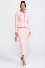 Ön Göğüs Cepleri Detaylı Püskül Şerit Triko Peplum Elbise - Pembe