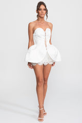 Dantel-Up Ön Detaylı Korse Peplum Mini Elbise - Beyaz