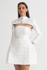 Çıkarılabilir Heykelsi Omuz Bolero Detaylı Dokulu Mini Elbise - Beyaz