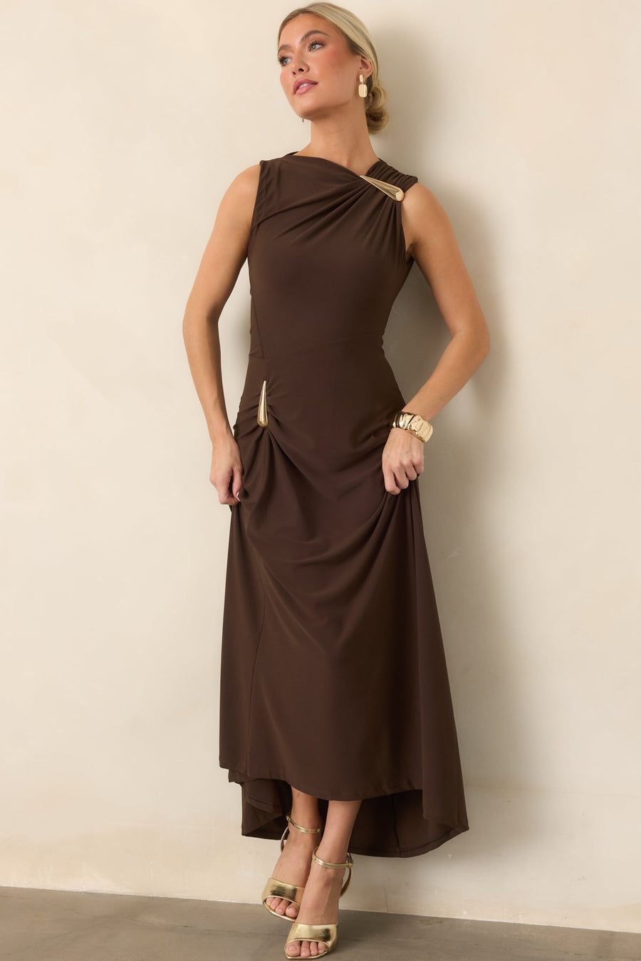 Çikolata Kahve Drape Detaylı Maksi Elbise