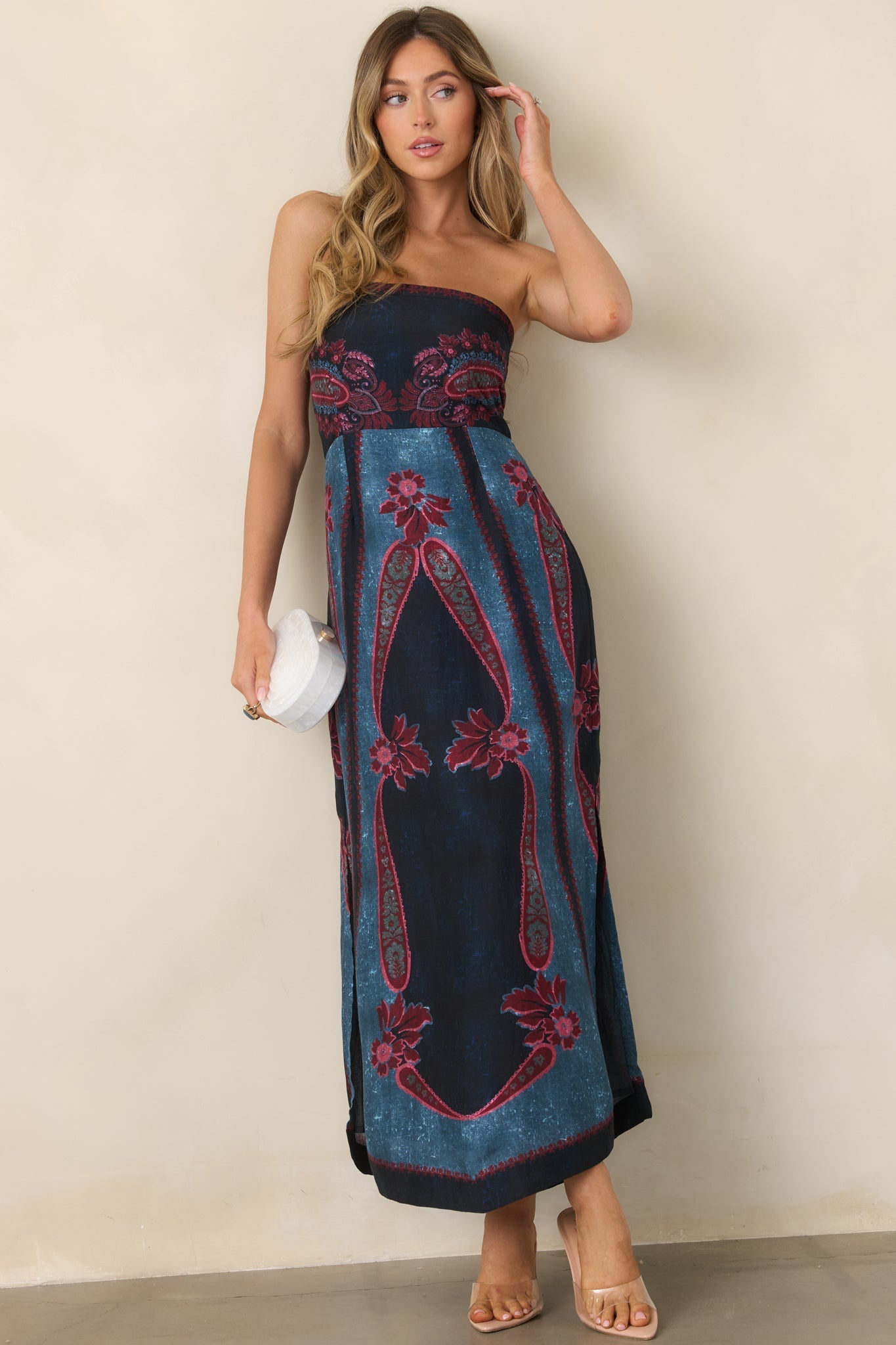 Lacivert Bordo Desenli Straplez Midi Elbise
