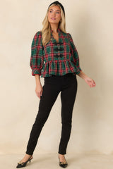 Yeşil Ekoseli Peplum Detaylı Bluz