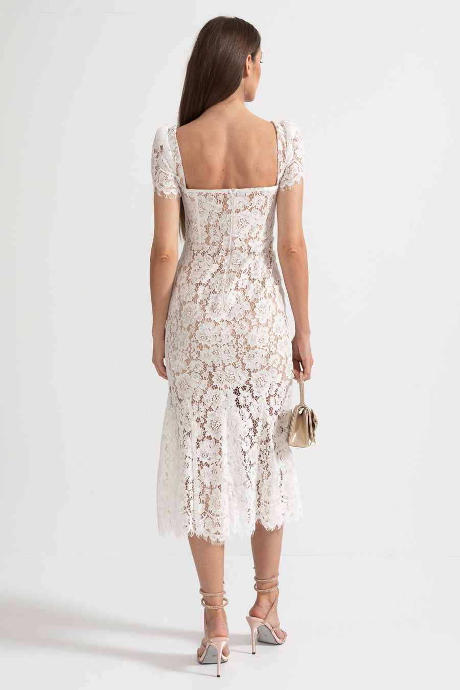 Zarif Uyumlu Bel Kemer Detaylı Kısa Sleeved Dantel Elbise - Beyaz