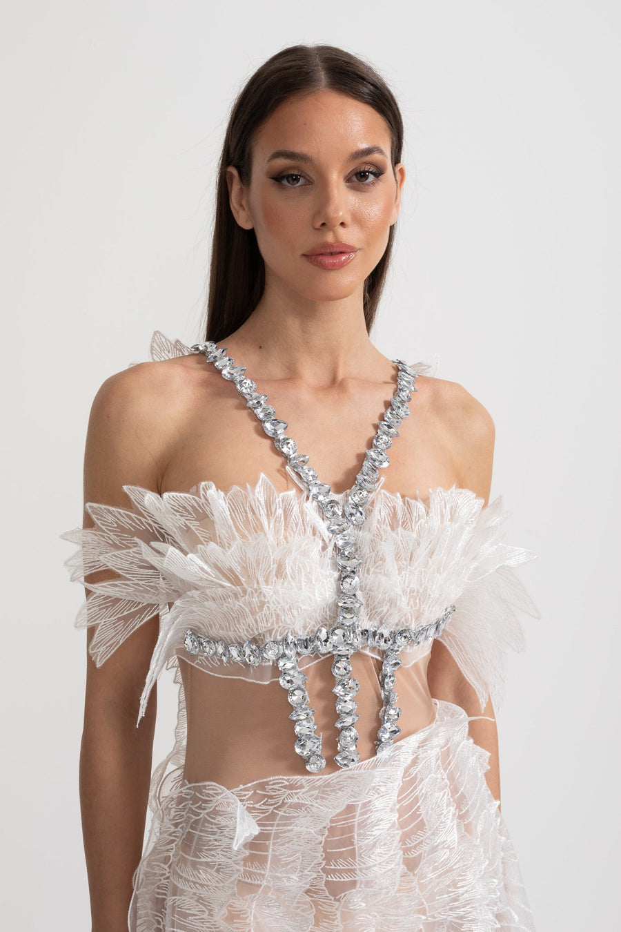 Transparan Wings Doku ve Kristal Süslemeler Detaylı Ethereal Mini Elbise - Beyaz