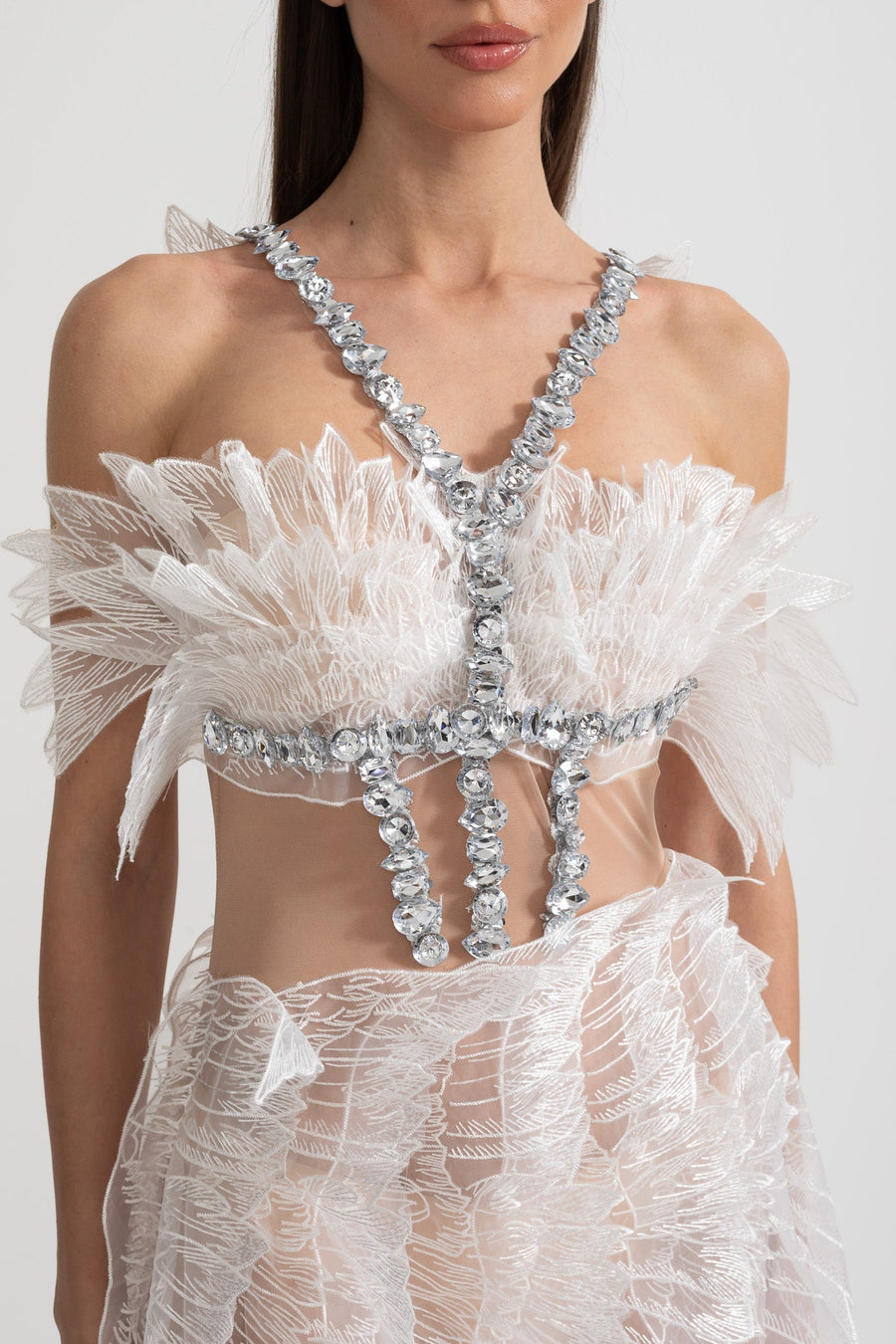 Transparan Wings Doku ve Kristal Süslemeler Detaylı Ethereal Mini Elbise - Beyaz