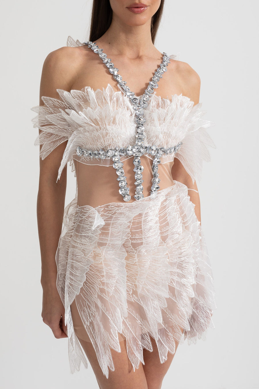 Transparan Wings Doku ve Kristal Süslemeler Detaylı Ethereal Mini Elbise - Beyaz