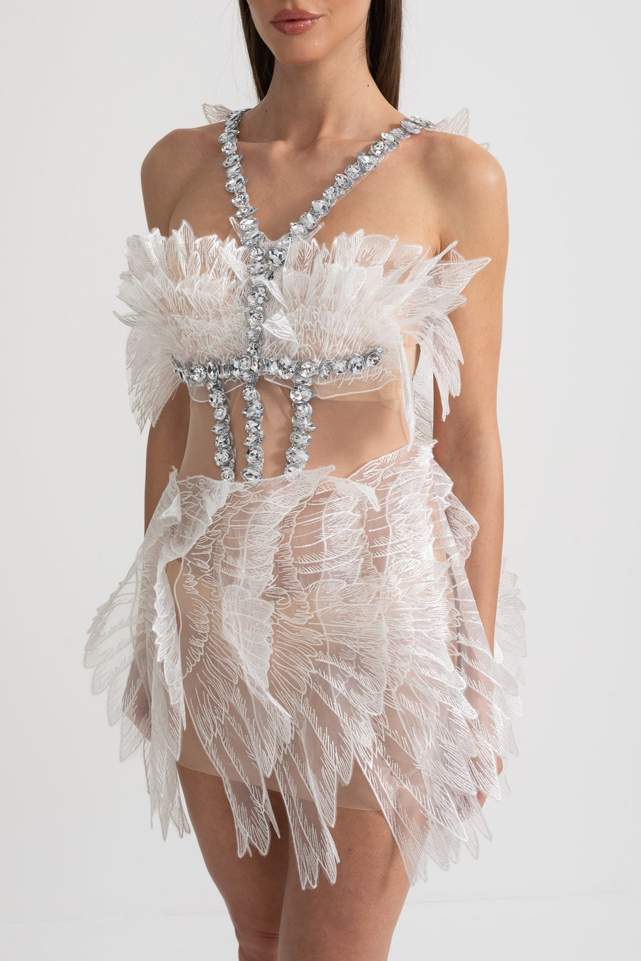 Transparan Wings Doku ve Kristal Süslemeler Detaylı Ethereal Mini Elbise - Beyaz