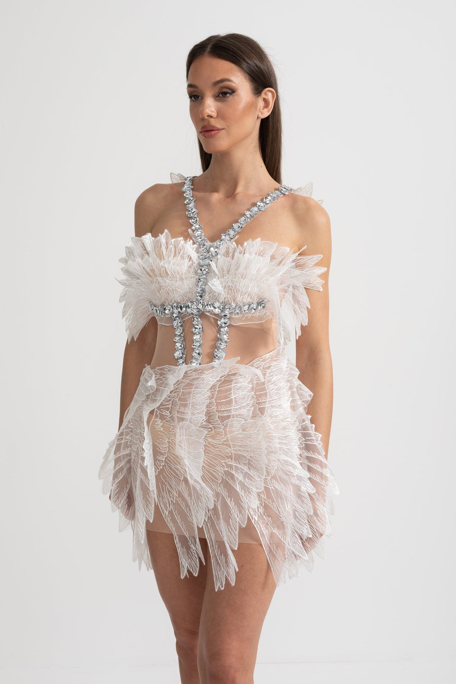 Transparan Wings Doku ve Kristal Süslemeler Detaylı Ethereal Mini Elbise - Beyaz