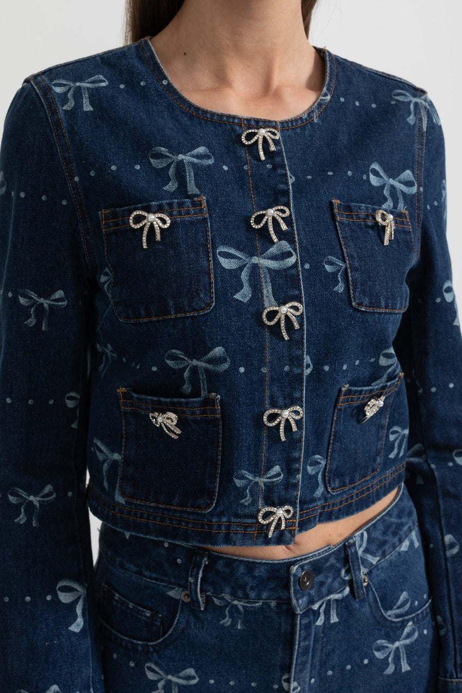 Uzun Kollu Ceket ve Bol Paça Jean Detaylı Denim Co-Ordinate Takım - Mavi