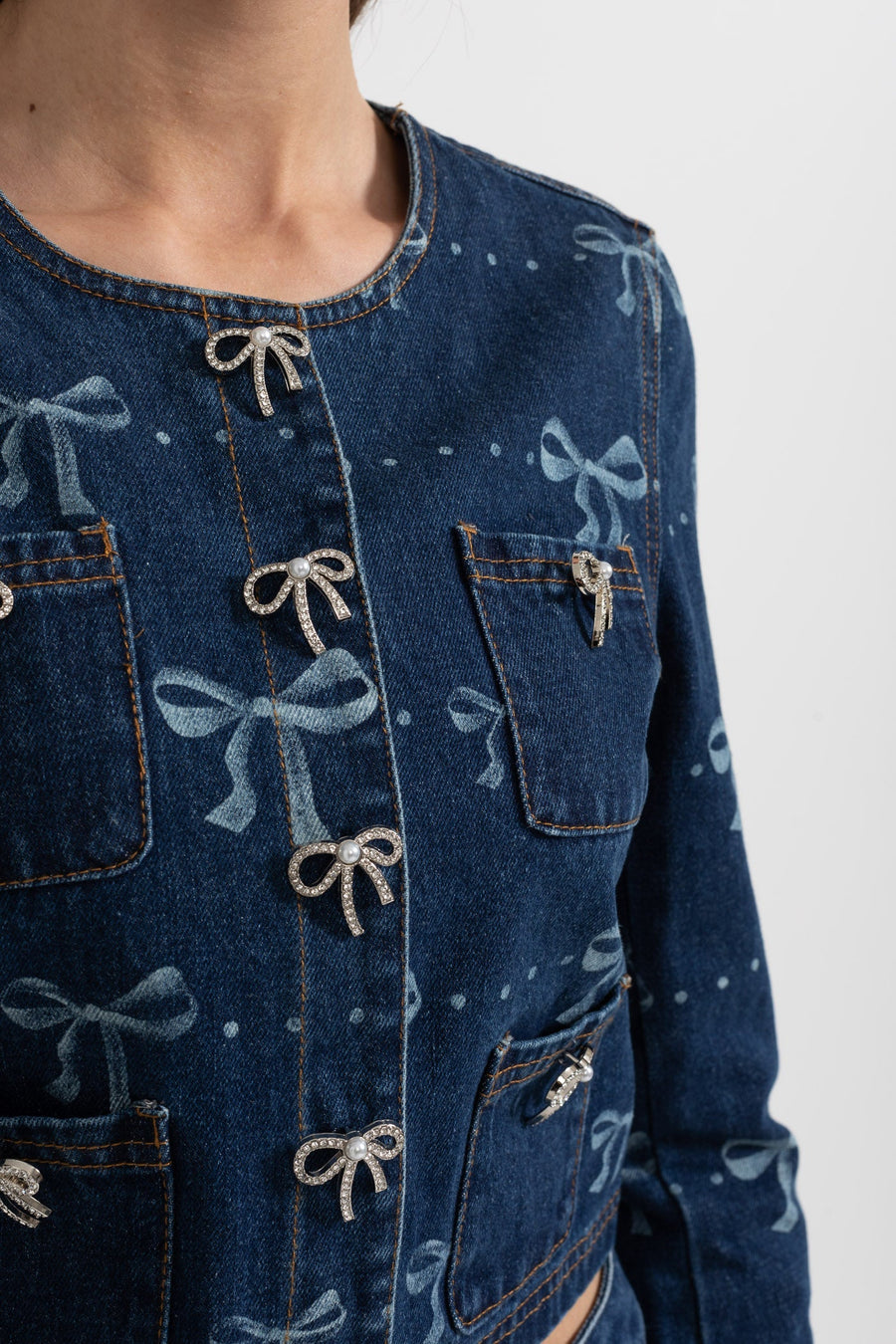 Uzun Kollu Ceket ve Bol Paça Jean Detaylı Denim Co-Ordinate Takım - Mavi