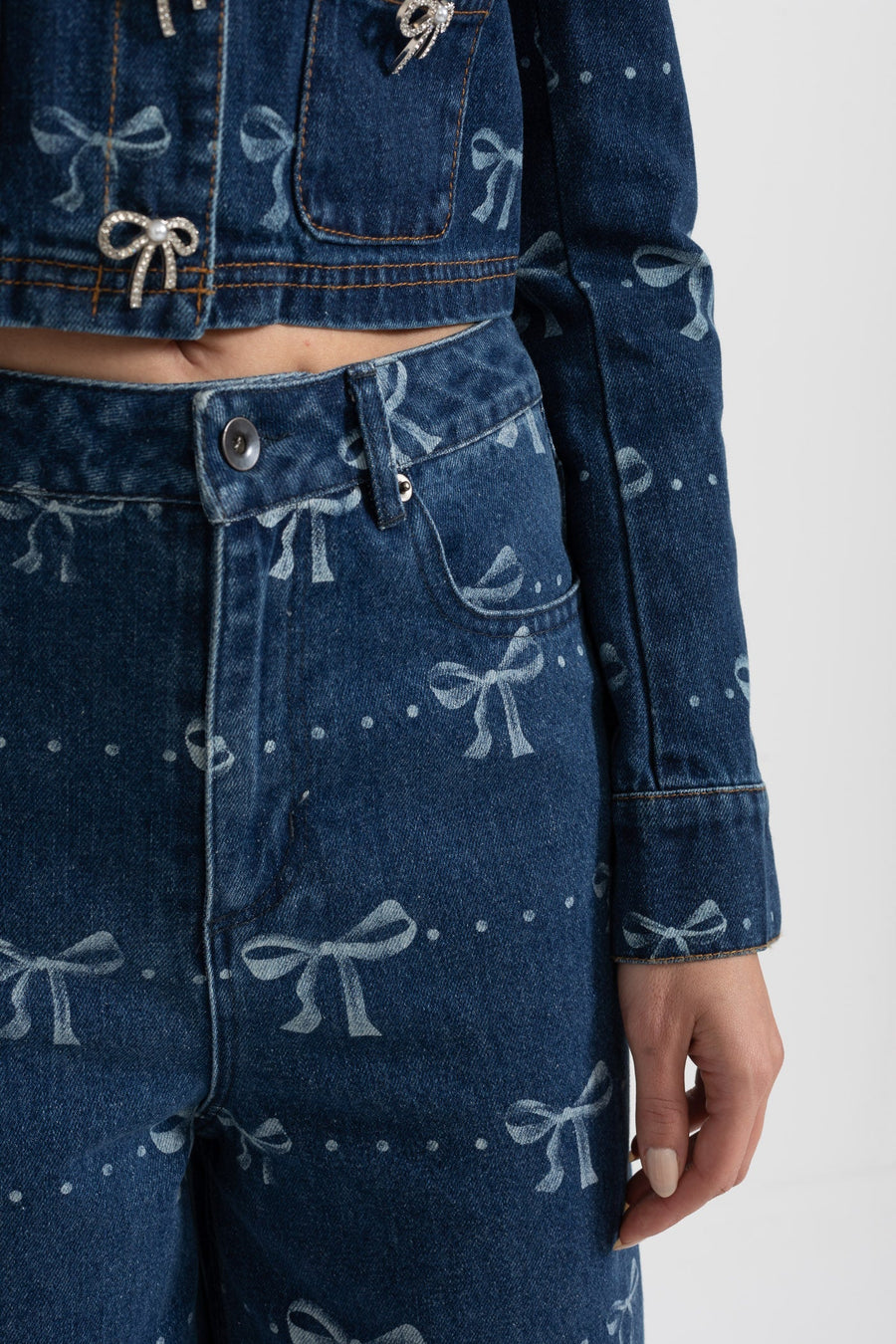 Uzun Kollu Ceket ve Bol Paça Jean Detaylı Denim Co-Ordinate Takım - Mavi