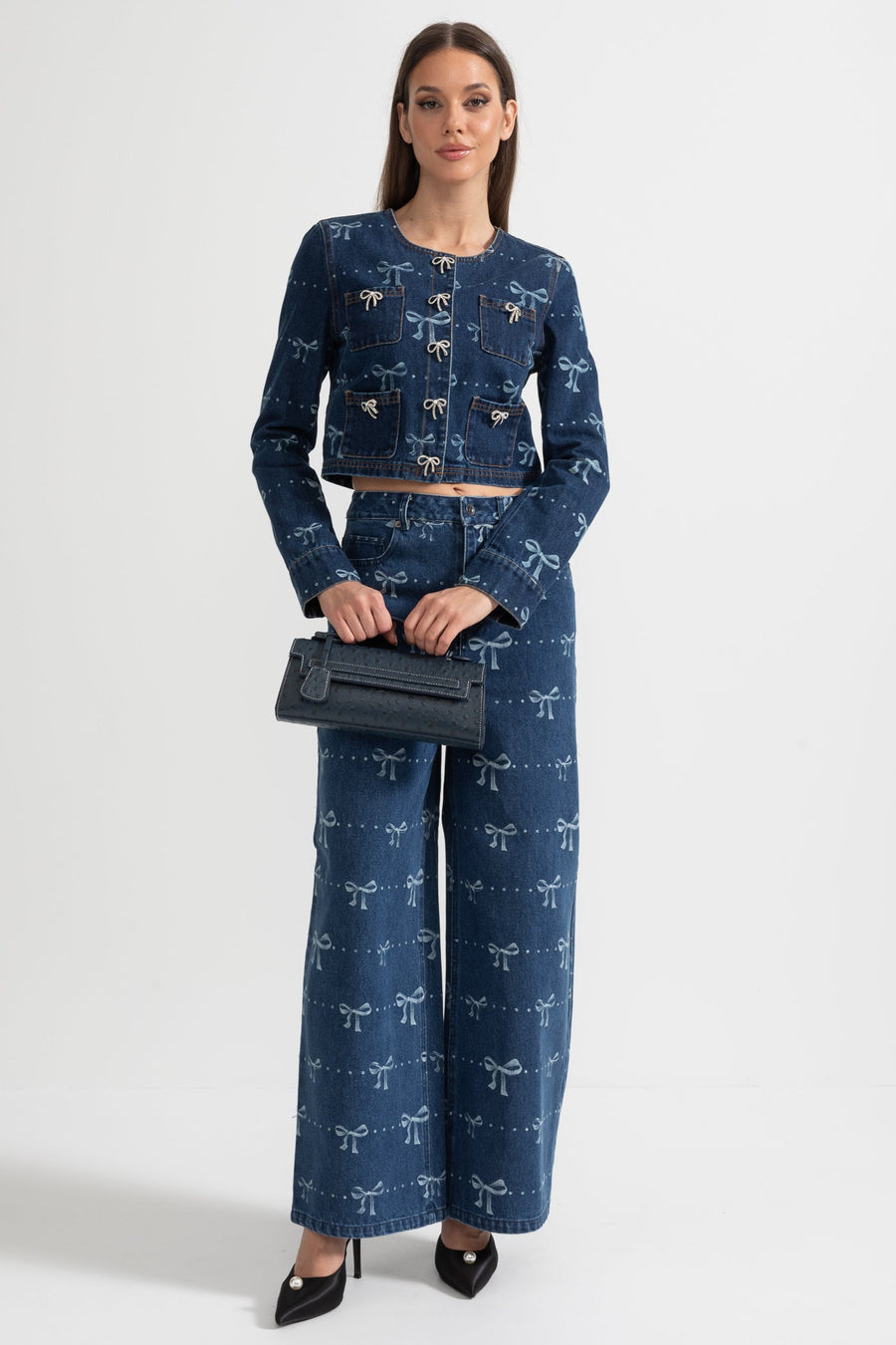 Uzun Kollu Ceket ve Bol Paça Jean Detaylı Denim Co-Ordinate Takım - Mavi