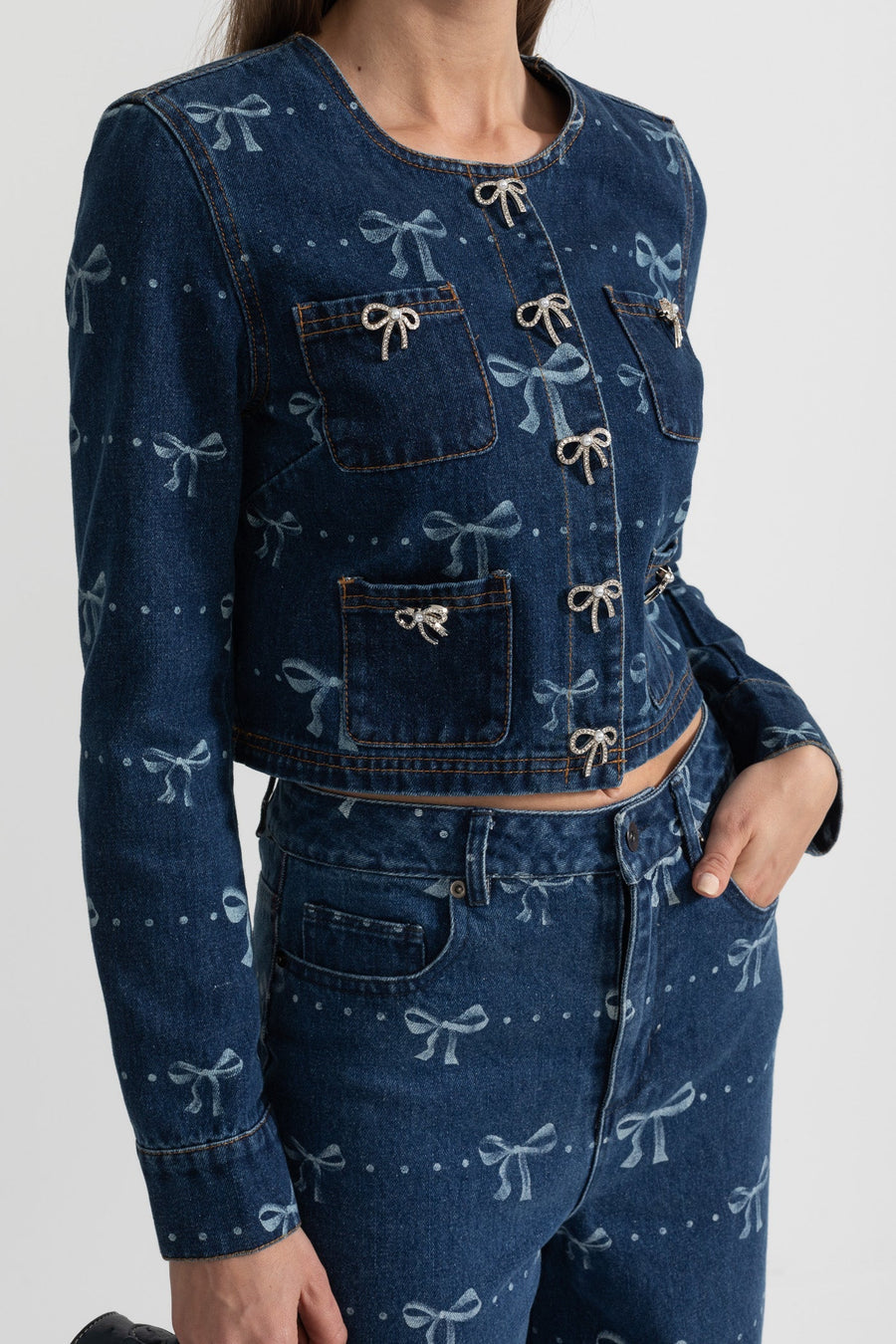 Uzun Kollu Ceket ve Bol Paça Jean Detaylı Denim Co-Ordinate Takım - Mavi