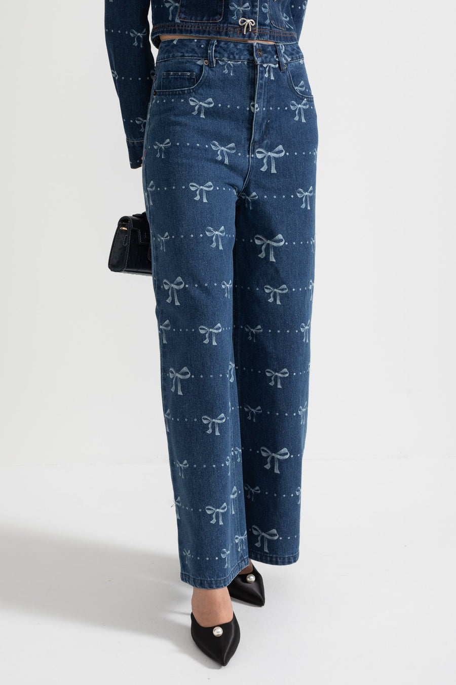 Uzun Kollu Ceket ve Bol Paça Jean Detaylı Denim Co-Ordinate Takım - Mavi