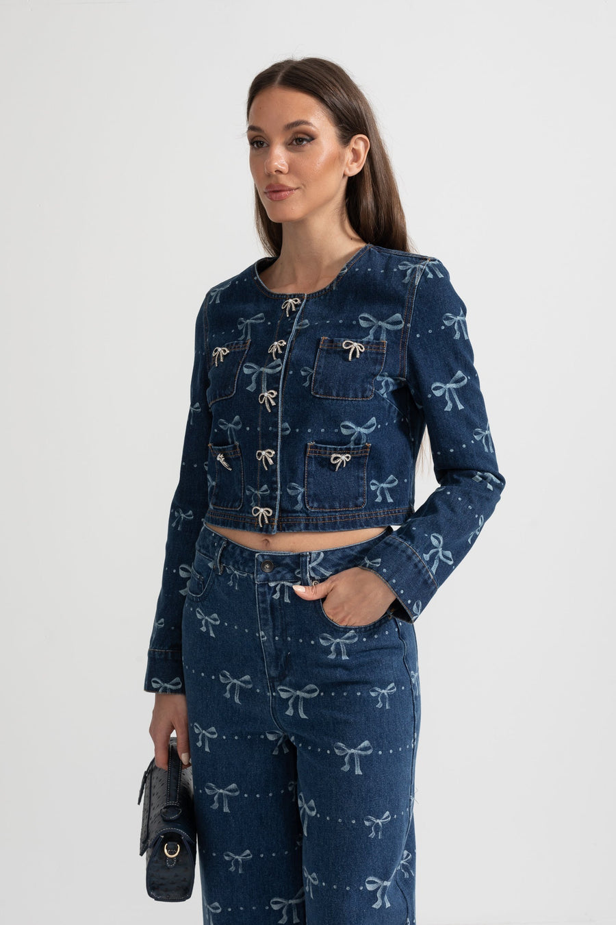 Uzun Kollu Ceket ve Bol Paça Jean Detaylı Denim Co-Ordinate Takım - Mavi
