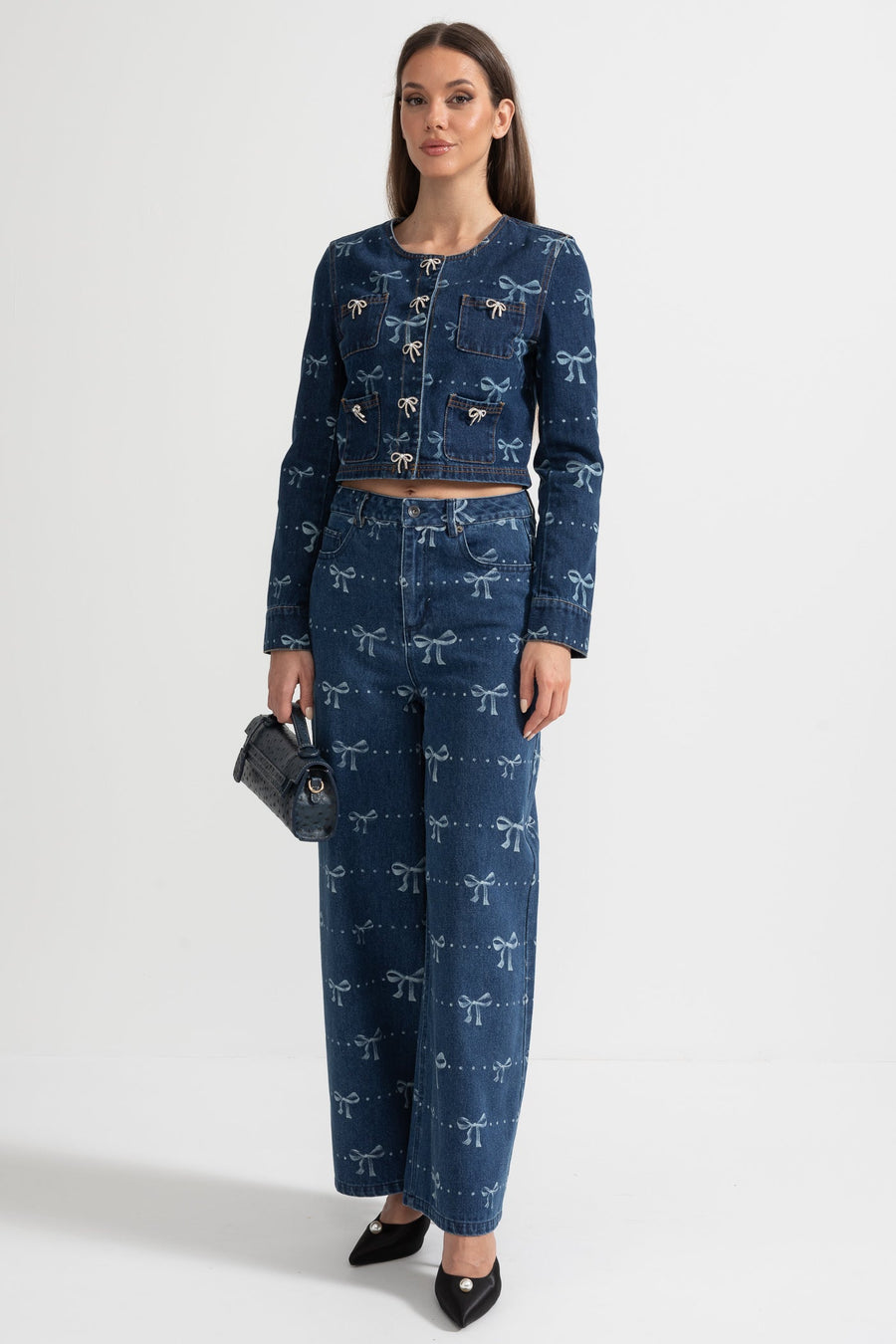 Uzun Kollu Ceket ve Bol Paça Jean Detaylı Denim Co-Ordinate Takım - Mavi