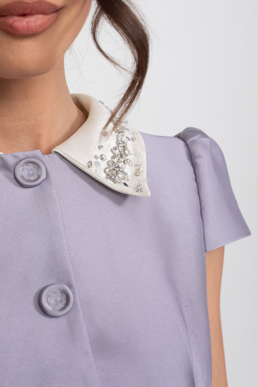 Kristal Bebe Yaka ve Fiyonk Bel Detaylı Saten Mini Elbise - Lila