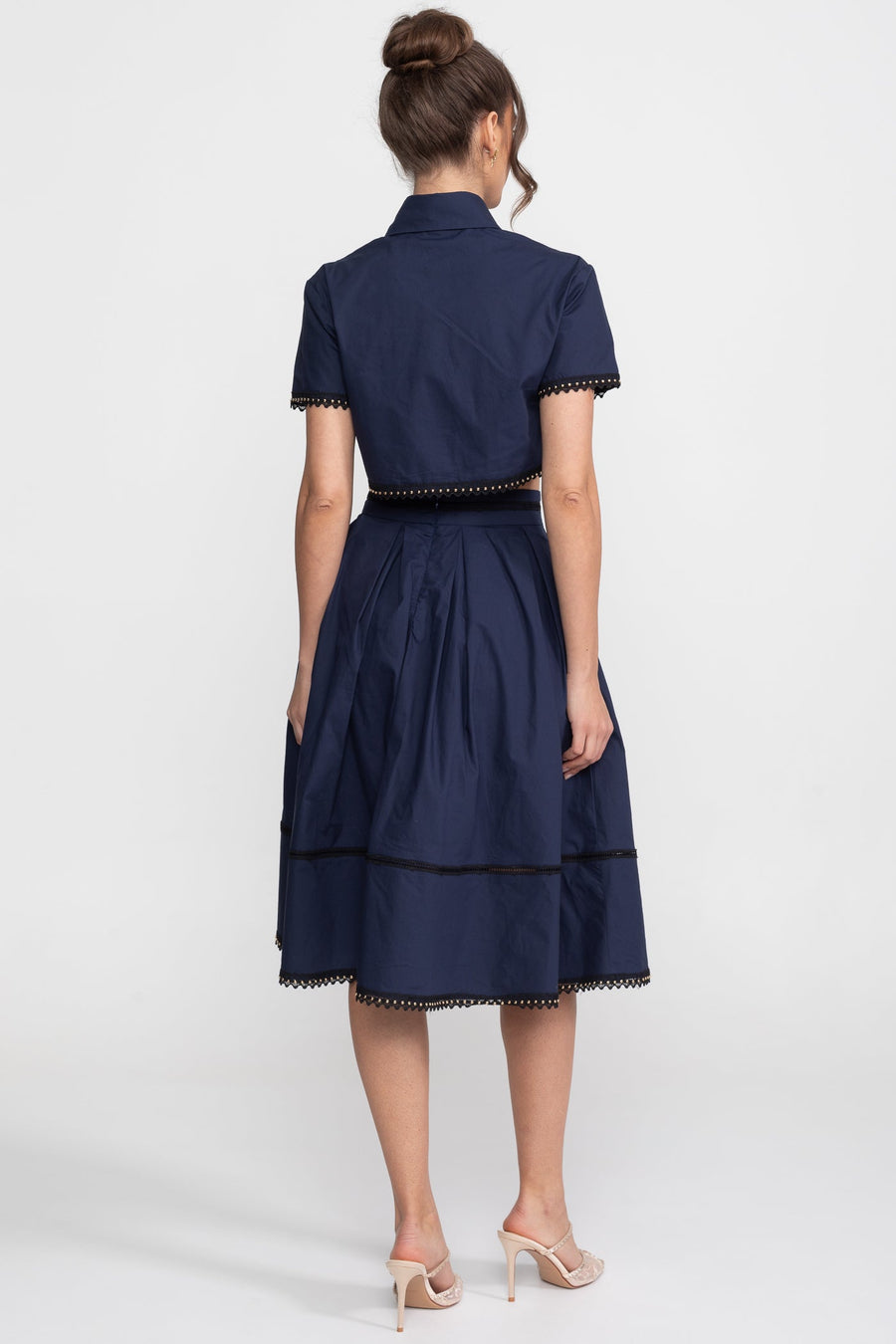 Brode-şerit Kısa Kesim Gömlek ve Midi Etek Takım - Lacivert